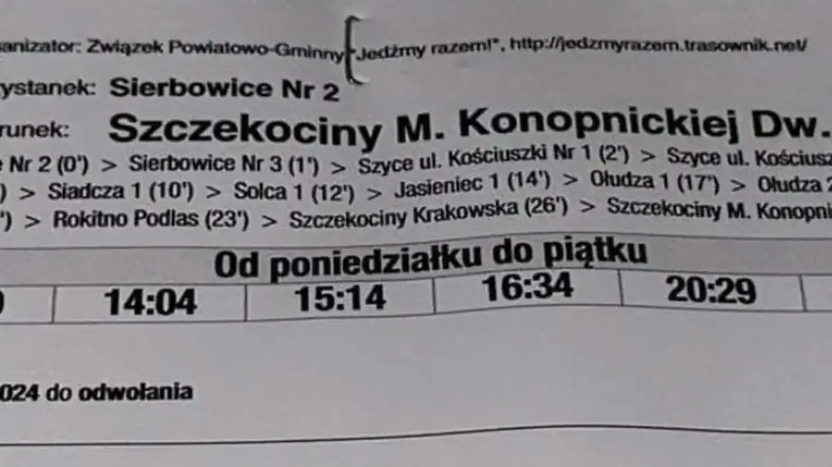 Fragment rozkładu jazdy PKS z godzinami odjazdów: 14:04, 15:14, 16:34, 20:29.