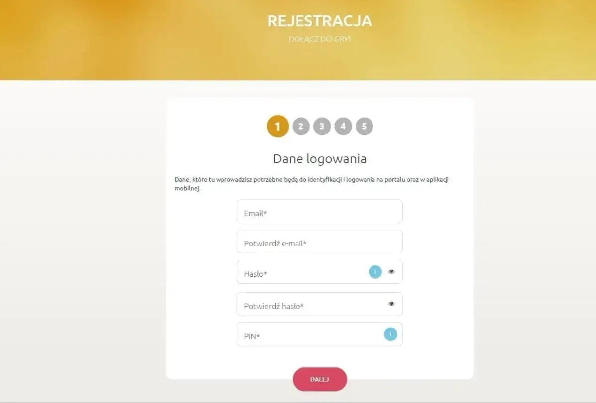 Formularz rejestracji do gry w lotto online. Wpisz dane logowania: email, hasło i PIN.