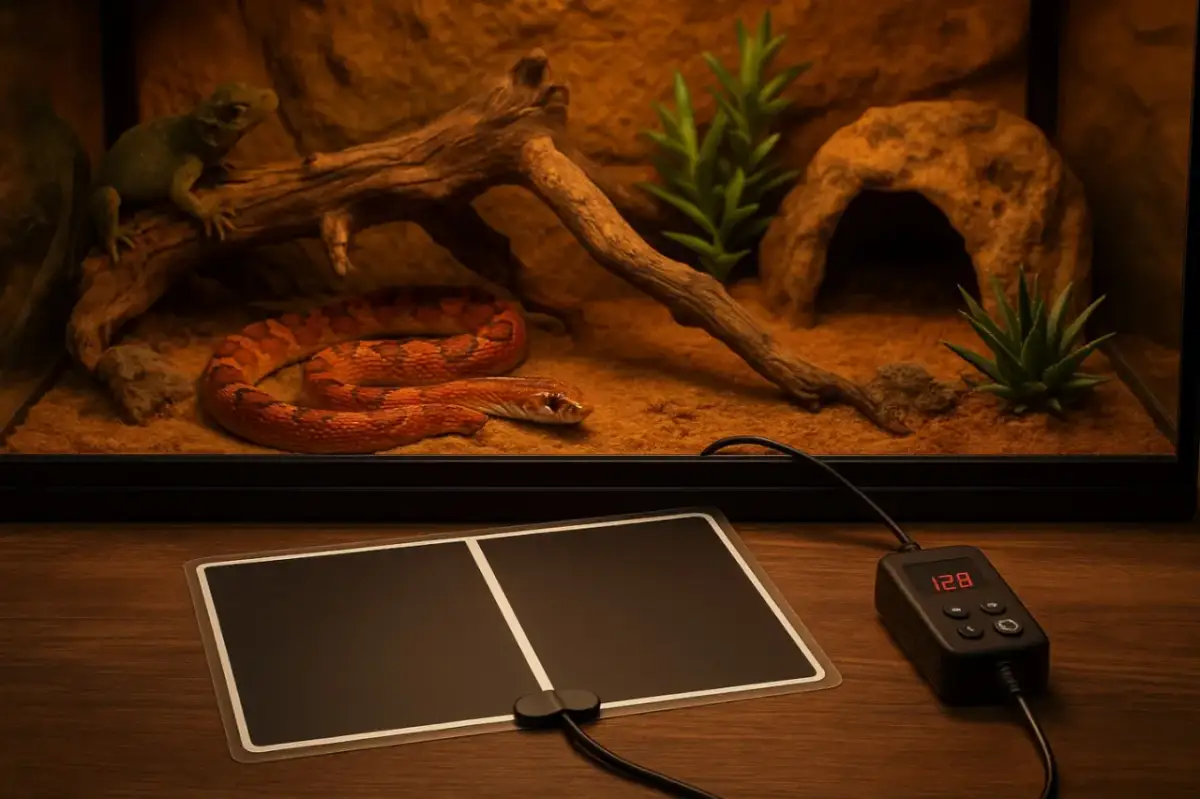 Terrarium z wężem i jaszczurką, obok mata grzewcza z termostatem.