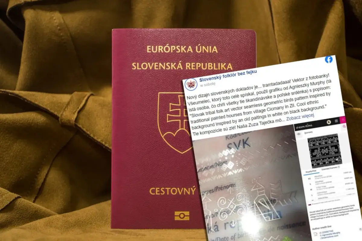 Czerwony paszport Słowacji na tle brązowego materiału, z widocznym fragmentem ekranu telefonu z tekstem.