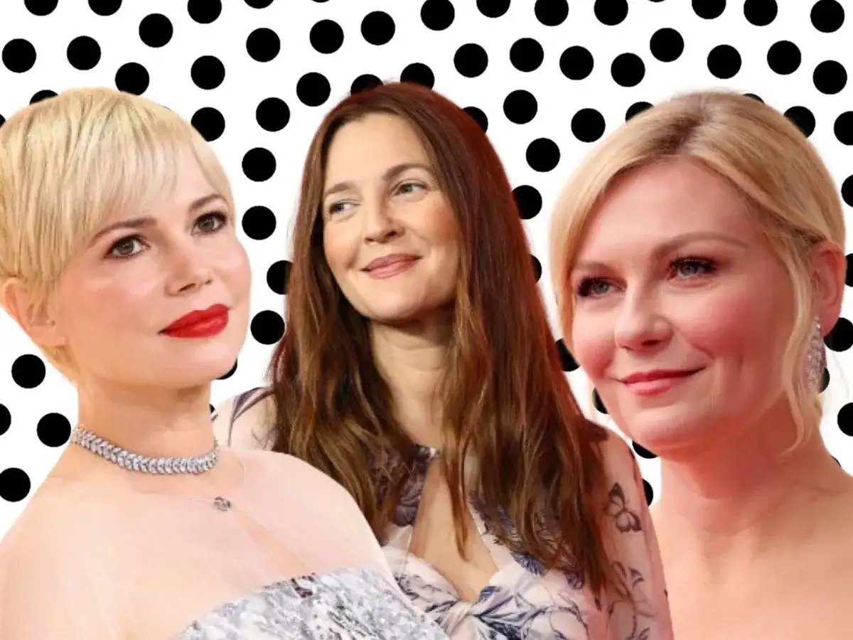 Inspiracja dla 40-latki z okrągłą twarzą: Michelle Williams, Drew Barrymore i Kirsten Dunst prezentują różne fryzury.