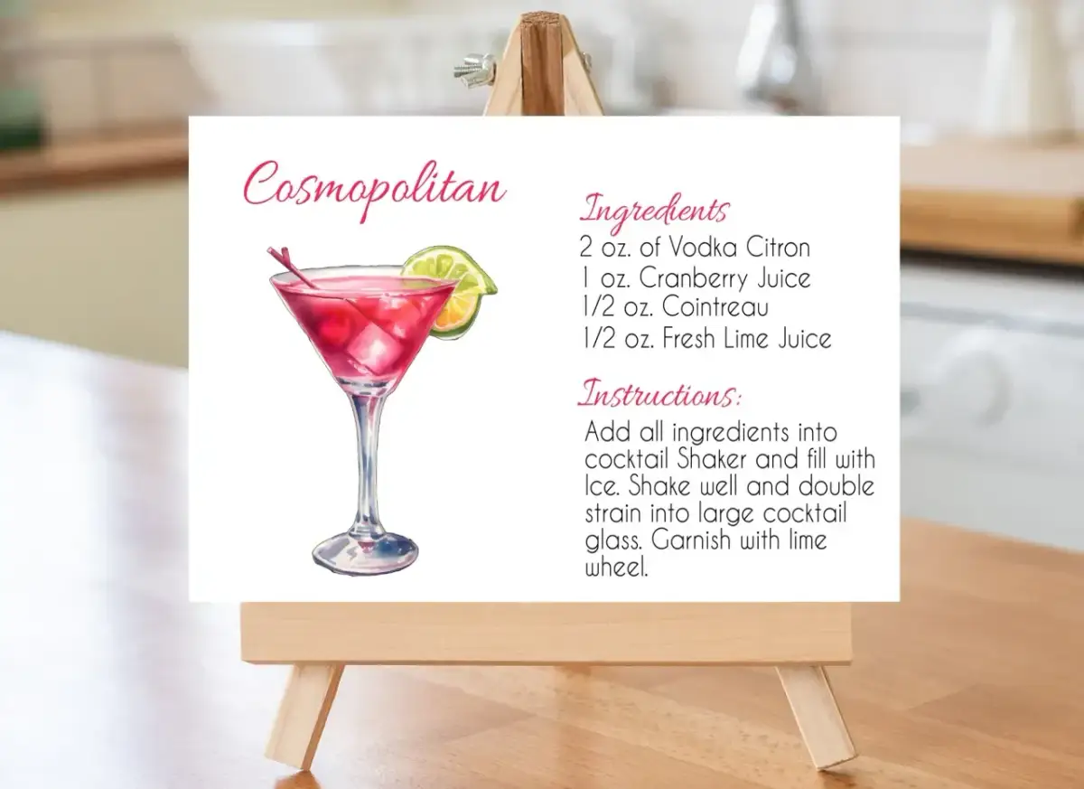 Przepis na drinka Cosmopolitan: ilustracja koktajlu z limonką i listą składników. Idealny na wieczór w stylu cosmopolitan.
