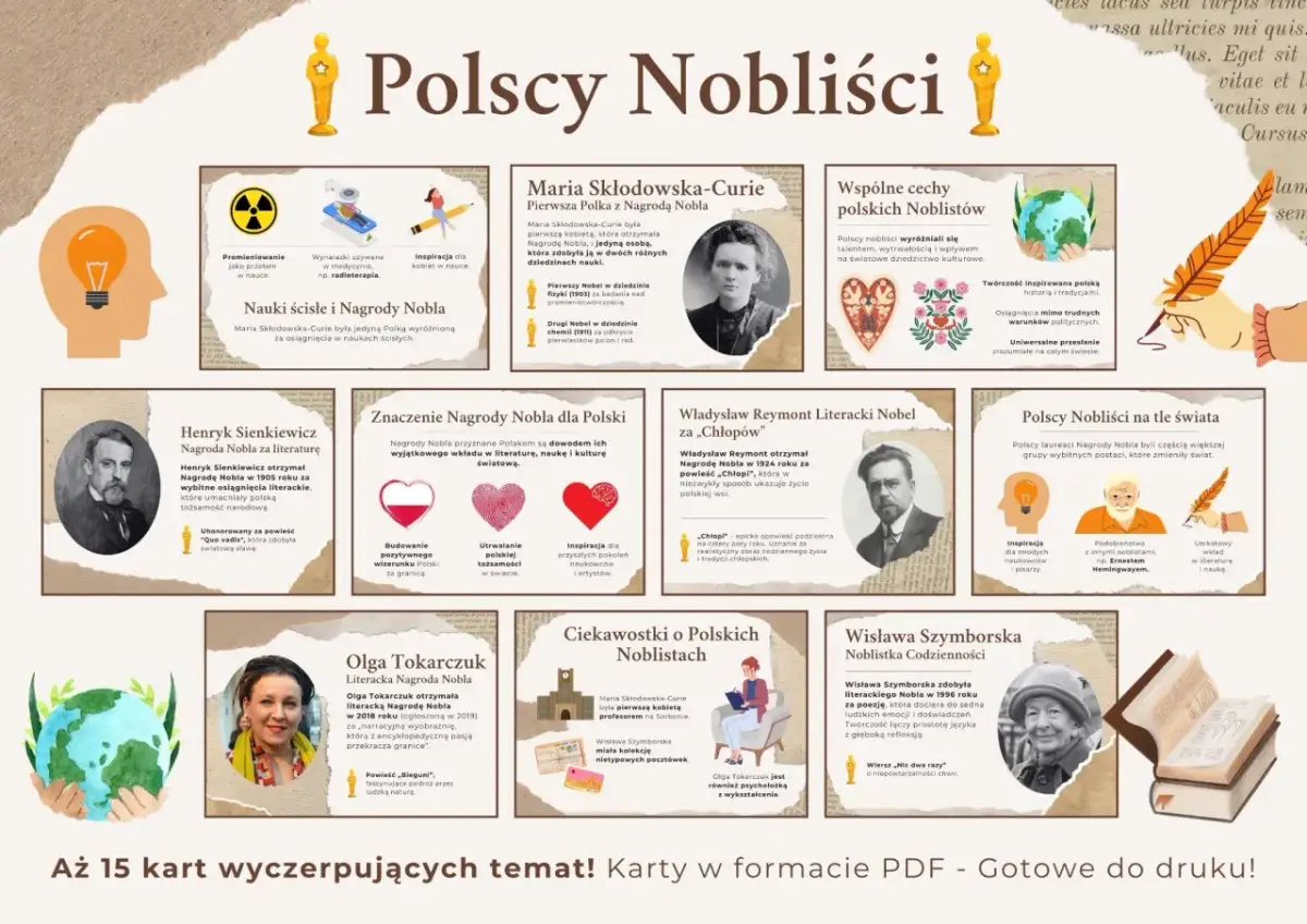 Polska ma 15 laureatów Nagrody Nobla, w tym Marię Skłodowską-Curie, Henryka Sienkiewicza, Władysława Reymonta, Olgę Tokarczuk i Wisławę Szymborską.