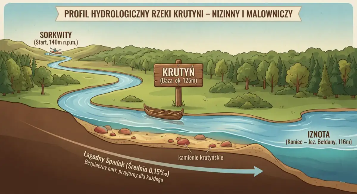 Ilustracja profilu hydrologicznego rzeki Krutyni z kajakiem, łódką i oznaczeniami tras.
