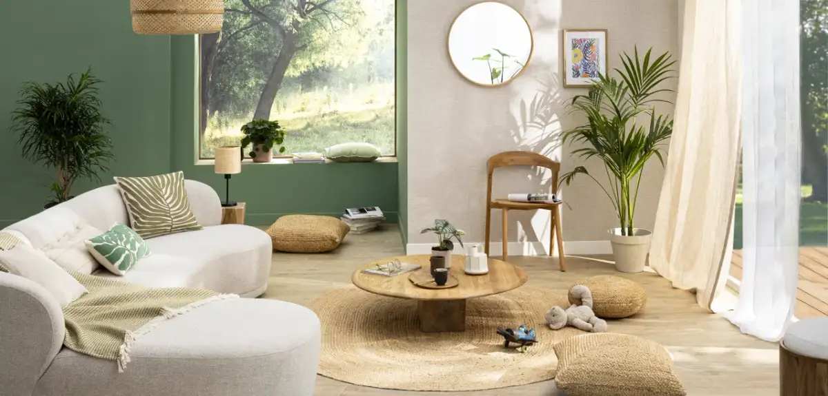 Aranżacje, inspiracje i pomysły na modne wnętrza: przytulny salon z zielonymi akcentami, naturalnymi materiałami i widokiem na ogród.