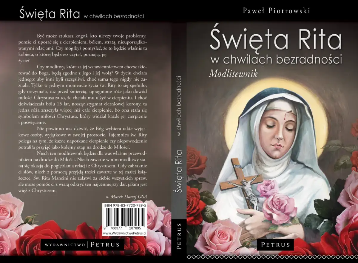 Święta Rita w chwilach beznadziei. Modlitewnik z wizerunkiem świętej i różami, pomoc w trudnych i niemożliwych sprawach.