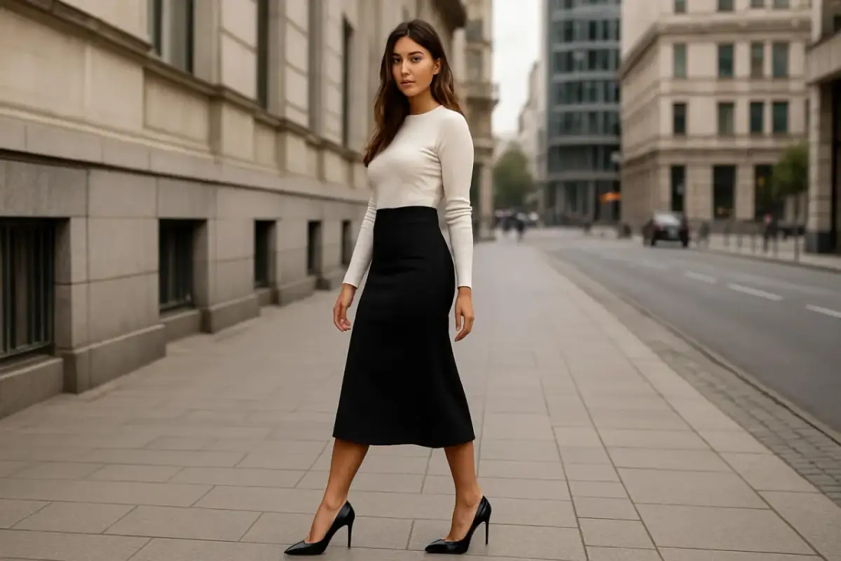 Elegancka kobieta w czarnej spódnicy midi i białym swetrze, zastanawia się, jakie buty do spódnicy midi będą najlepsze. Czółenka na obcasie dodają jej szyku.