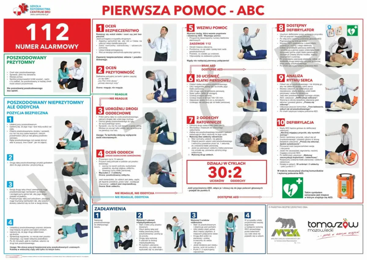 Instrukcja pierwszej pomocy ABC: ocena bezpieczeństwa, przytomności, udrożnienie dróg oddechowych, ocena oddechu, wezwanie pomocy, uciski klatki piersiowej, oddechy ratownicze, defibrylacja. Zrm.