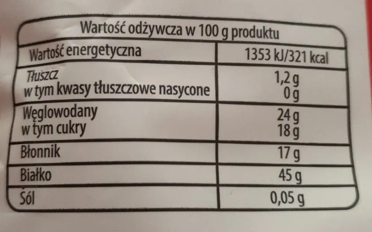 Tabela wartości odżywczych dla produktu: energia, tłuszcz, węglowodany, błonnik, białko, sól.