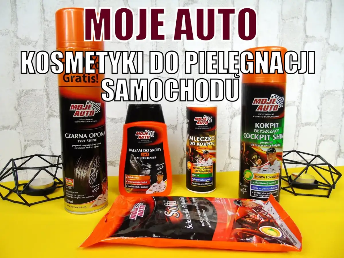 Zestaw kosmetyków do samochodu "Moje Auto": preparat do opon, balsam do skóry, mleczko i preparat do kokpitu, ściereczki.
