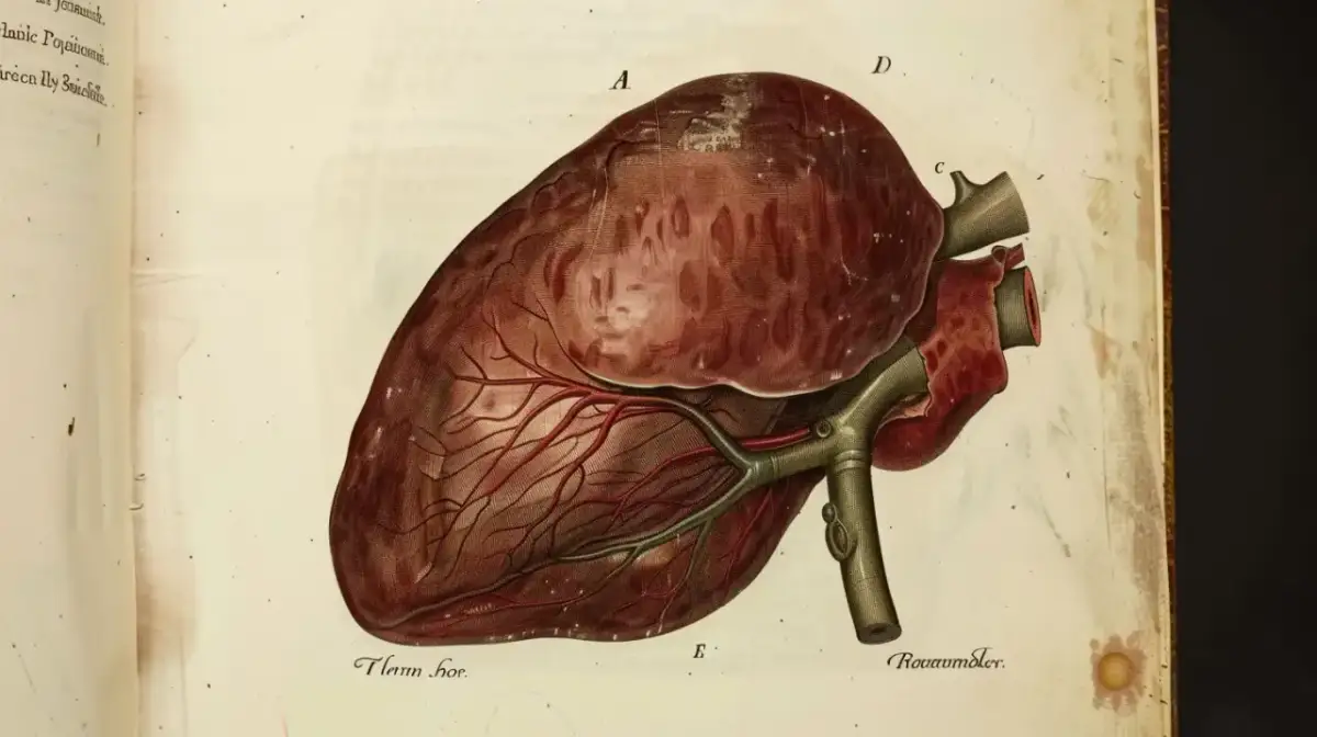 Ilustracja przedstawia ludzką wątrobę z naczyniami krwionośnymi. Wątroba, kluczowy organ, jest tu ukazana w szczegółach, niczym dzieło sztuki, a nie jak kawa.
