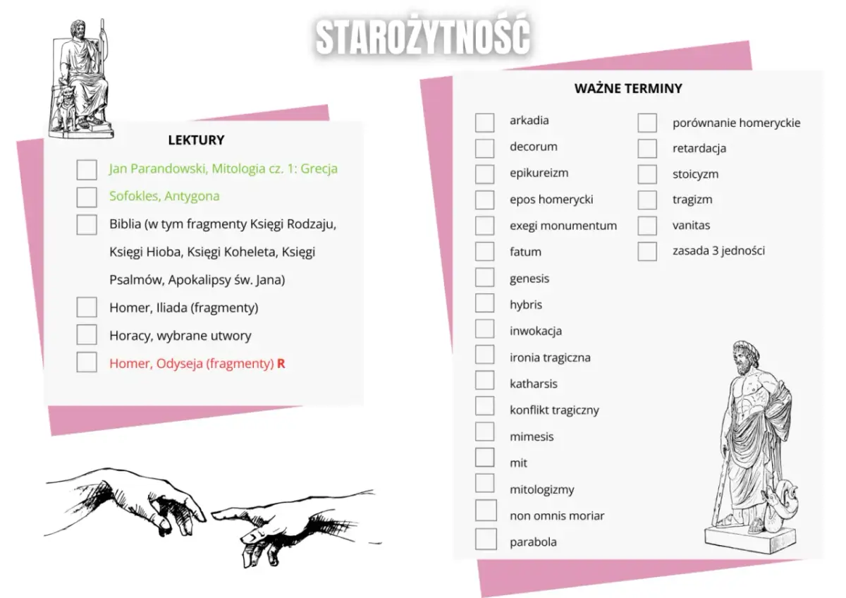 Lista lektur i ważnych terminów do matury z polskiego. Starożytność: Od "Antygony" po "Odyseję".