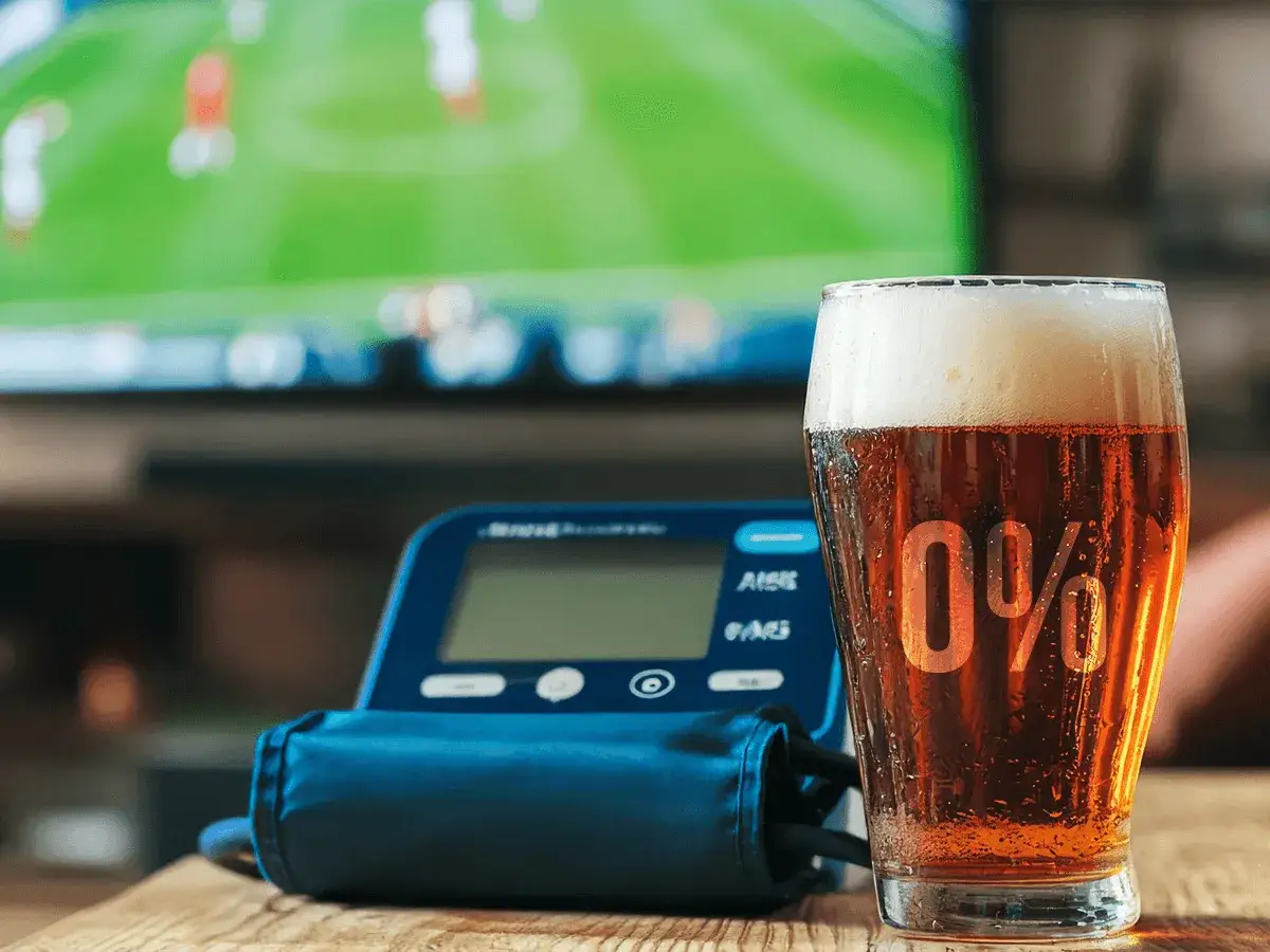 Szklanka piwa 0% i ciśnieniomierz na tle ekranu telewizora.