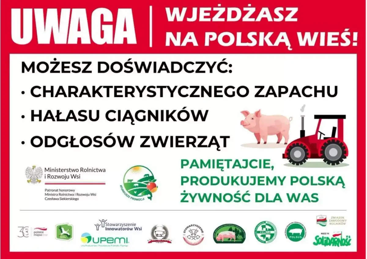 Polska 2050: stanowisko wobec protestów rolników. Plakat informuje o życiu na wsi: zapachy, hałas ciągników, odgłosy zwierząt. Podkreśla produkcję polskiej żywności.