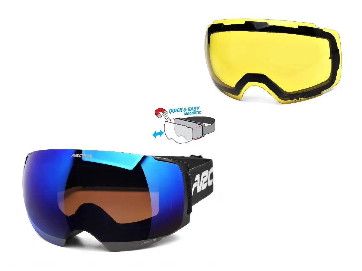 Zastanawiasz się, jakie gogle na snowboard wybrać? Zobacz te z wymiennymi soczewkami, w tym żółtą i lustrzaną, z magnetycznym mocowaniem.