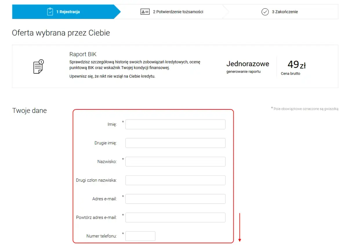 Formularz do wygenerowania raportu BIK bez konta bankowego. Wpisz swoje dane: imię, nazwisko, adres e-mail i numer telefonu.
