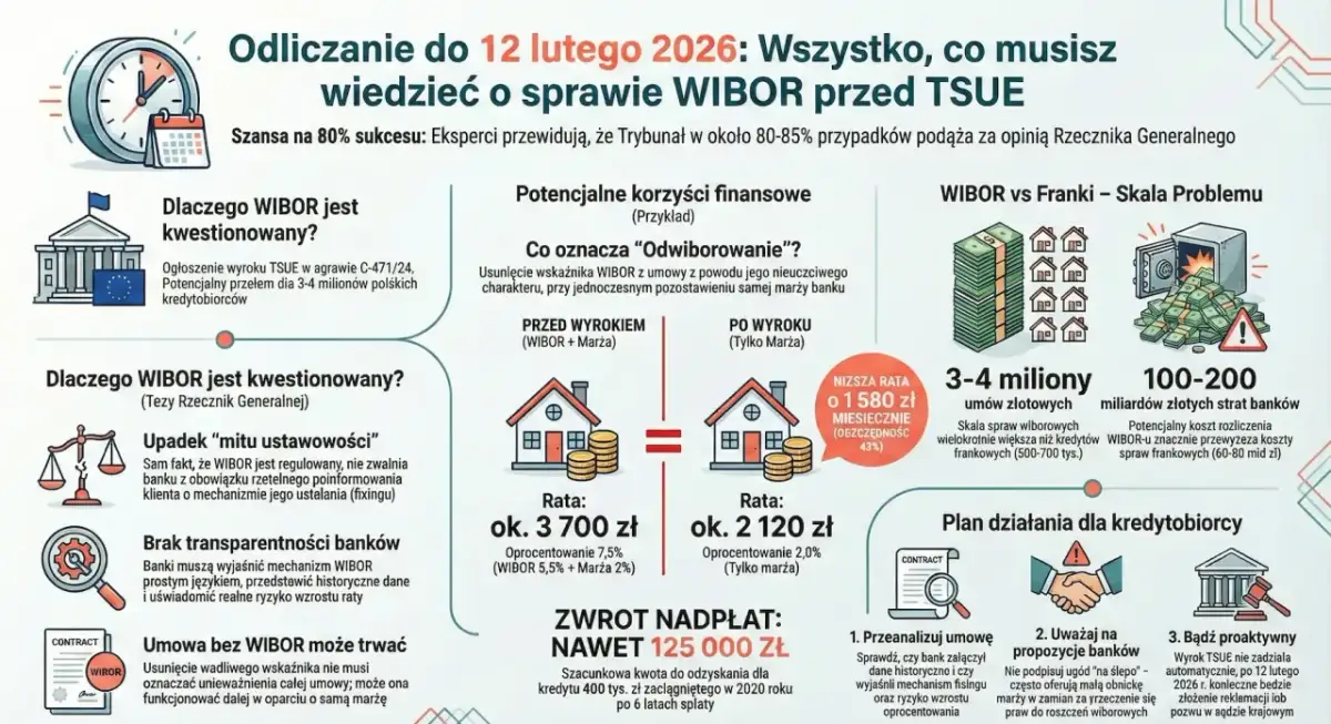 Grafika wyjaśnia sprawę WIBOR przed TSUE, pokazując potencjalne korzyści finansowe dla kredytobiorców i skalę problemu dla banków.