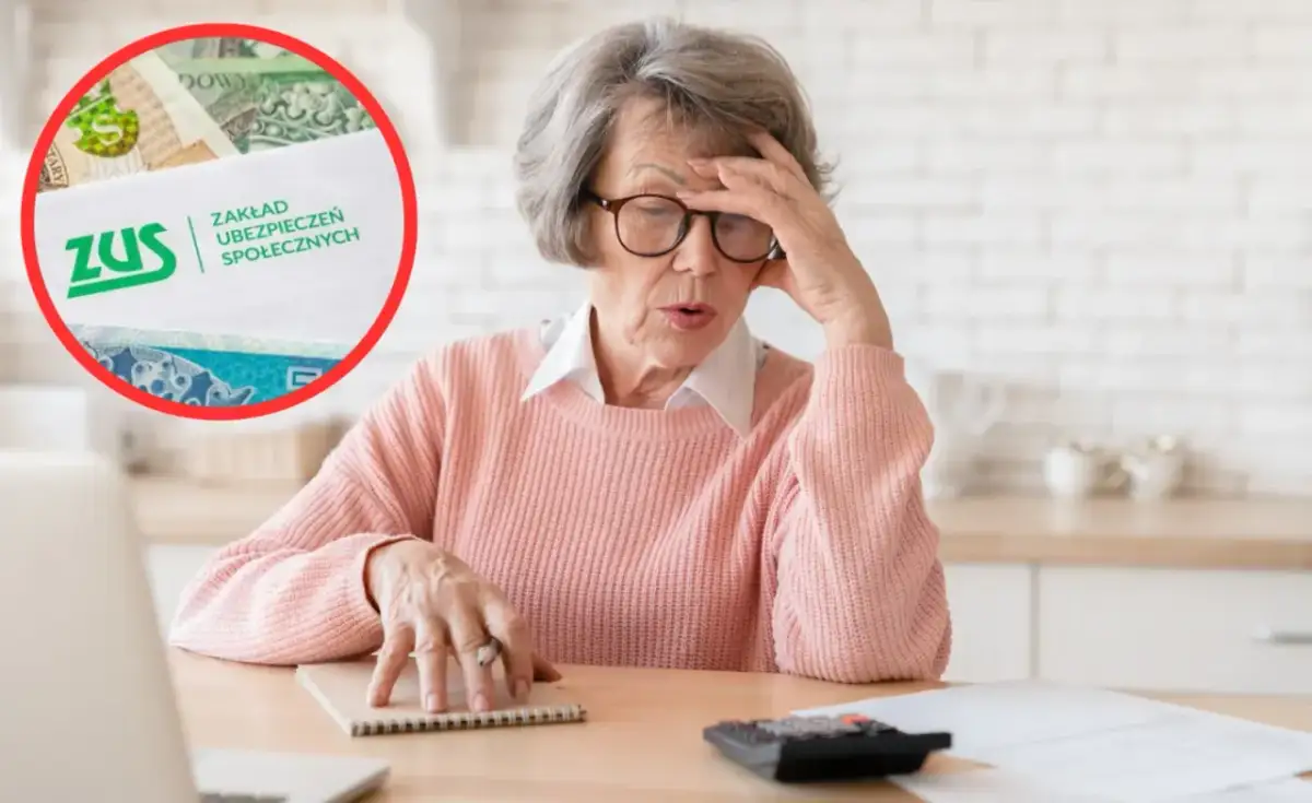 Zmartwiona seniorka przy biurku, obok dokumenty ZUS i kalkulator. Czy bon senioralny 2026 przyniesie ulgę?