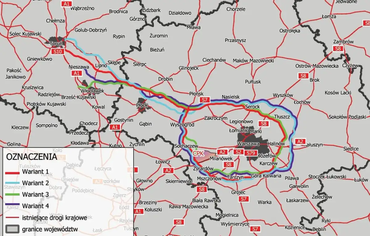 Mapa dróg krajowych i autostrad, w tym autostradowa obwodnica Warszawy, z zaznaczonymi wariantami przebiegu.