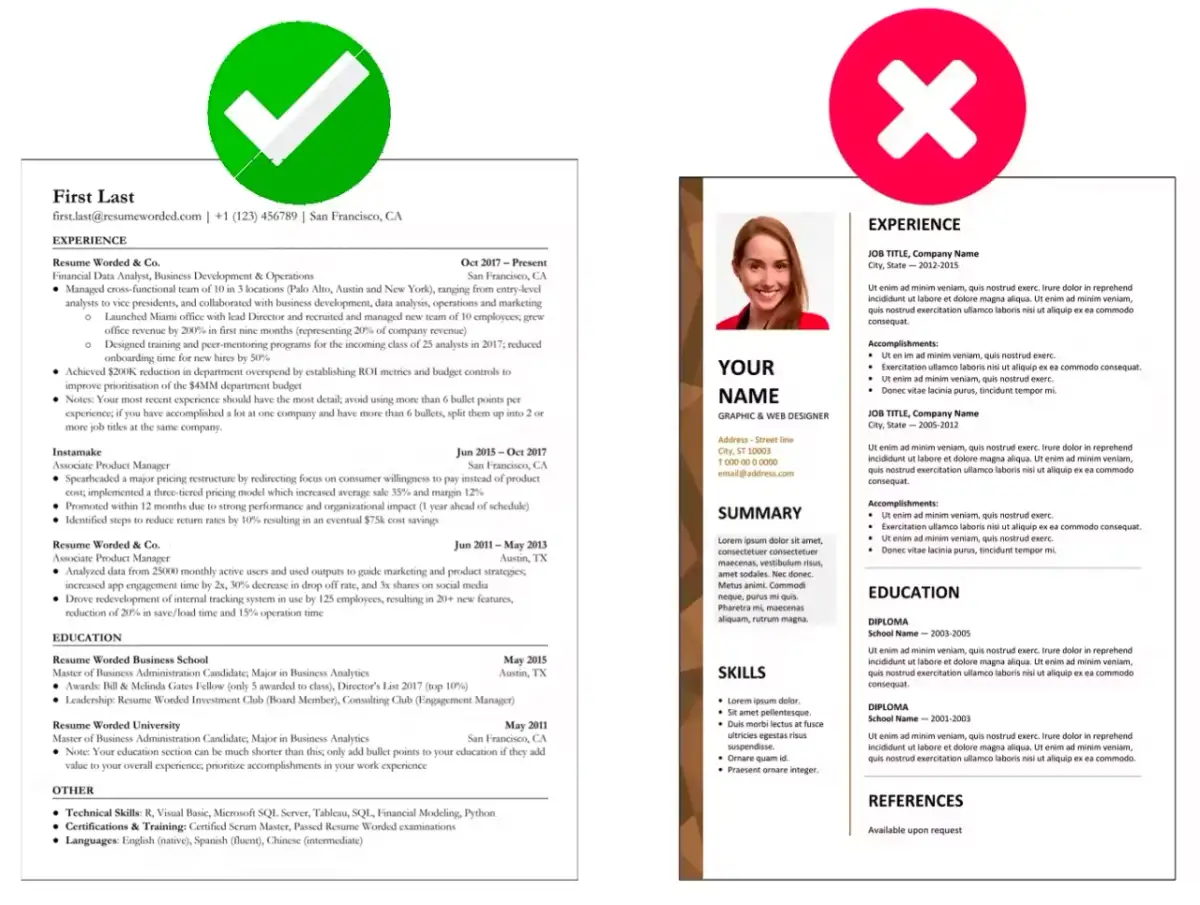 Zielony znacznik wyboru i czerwony znak X na tle dokumentu CV.