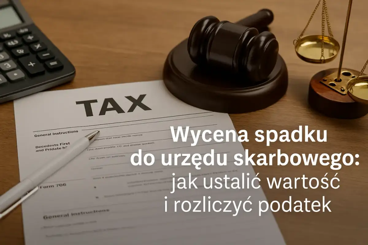 Formularz podatkowy, młotek sędziowski i waga szalkowa. Dowiedz się, ile wynosi podatek od spadku mieszkania i jak go rozliczyć.