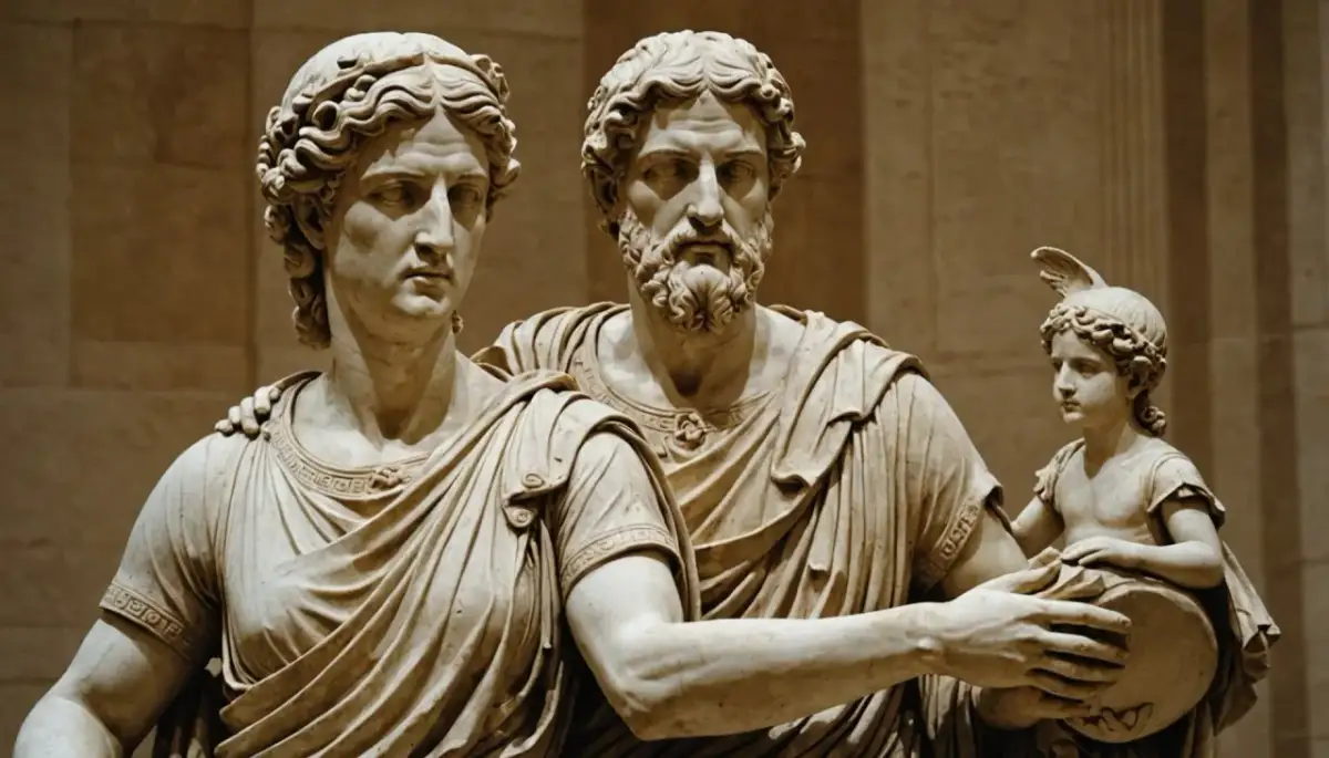 Marmorstatuen einer Familie: Mann, Frau und Kind mit Trommel.