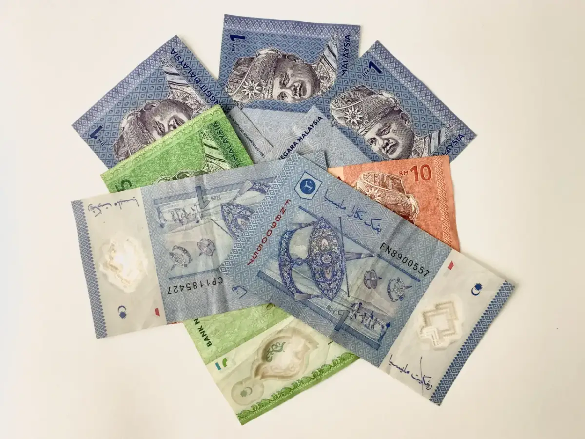 Malezyjskie banknoty, w tym 1 RM i 10 RM, z wizerunkiem króla.