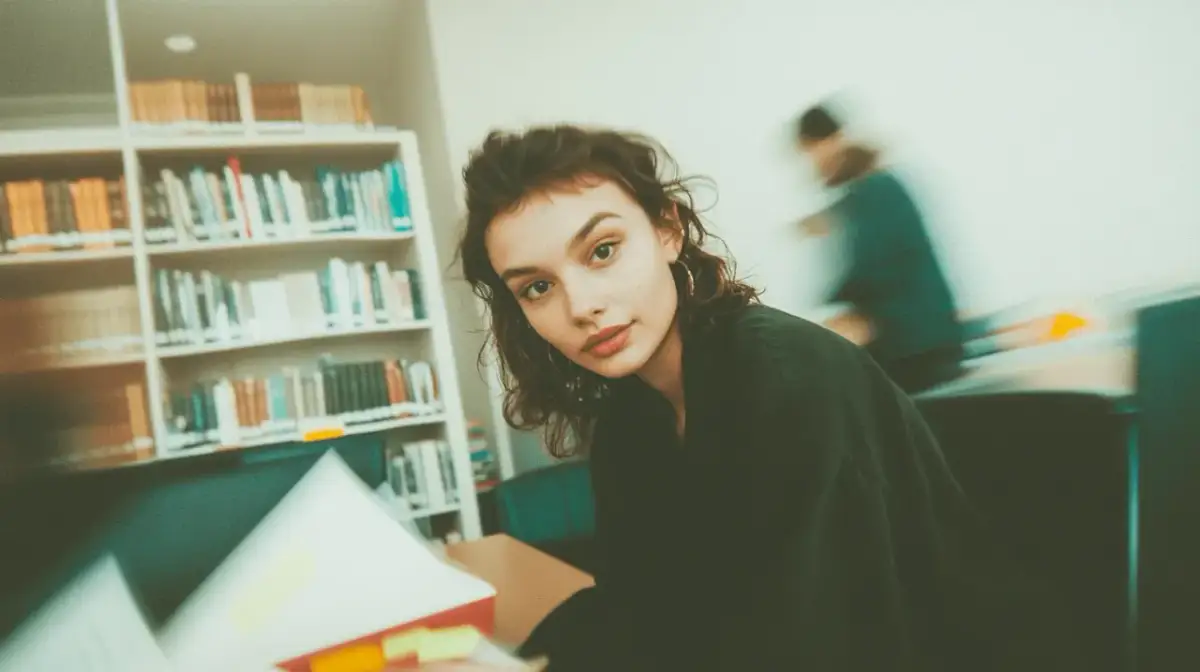 Młoda kobieta w bibliotece, otoczona książkami, pochylona nad otwartą księgą.