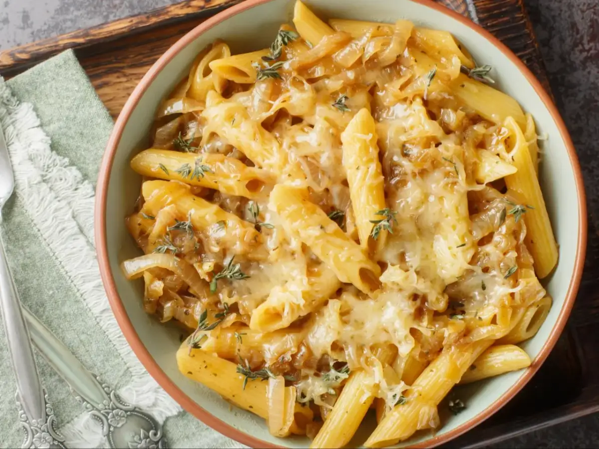 Penne z karmelizowaną cebulą i serem zapieczone w piekarniku. Szybki pomysł na obiad, co można zrobić w piekarniku na szybko.