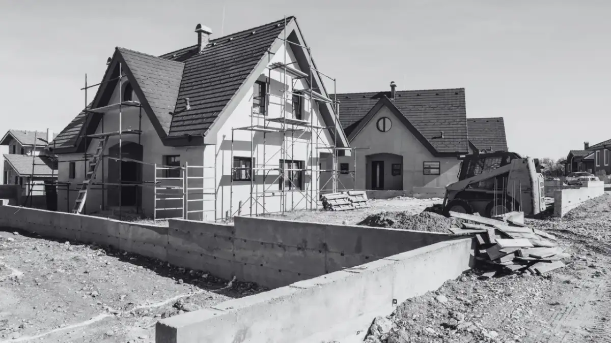 Domy w budowie, rusztowania, koparka i betonowe fundamenty. Wkrótce będzie pozwolenie na budowę i nowe domy.