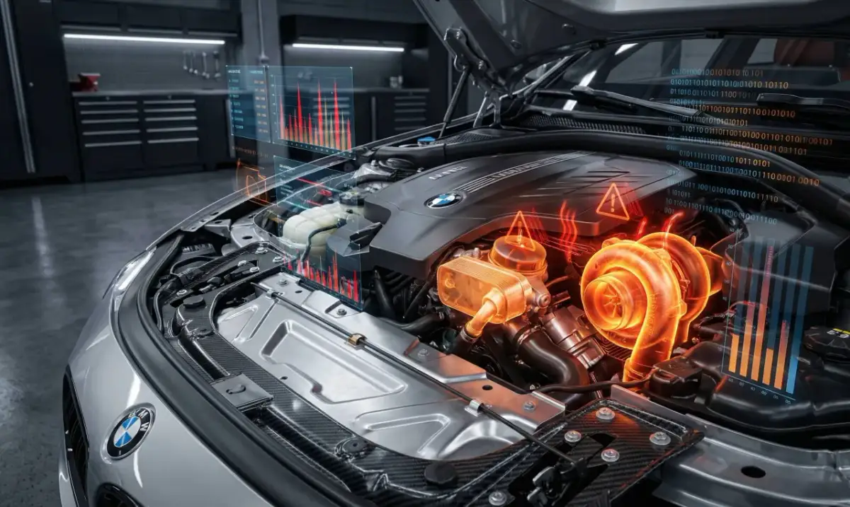 Silnik BMW E50 z wizualizacją danych i ostrzeżeniami.