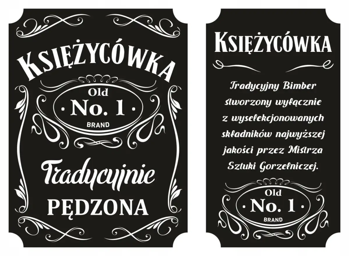 Dwie tabliczki z napisem "Księżycówka Old No. 1. BRAND". Jedna opisuje tradycyjny bimber, druga "Tradycyjnie PĘDZONA".