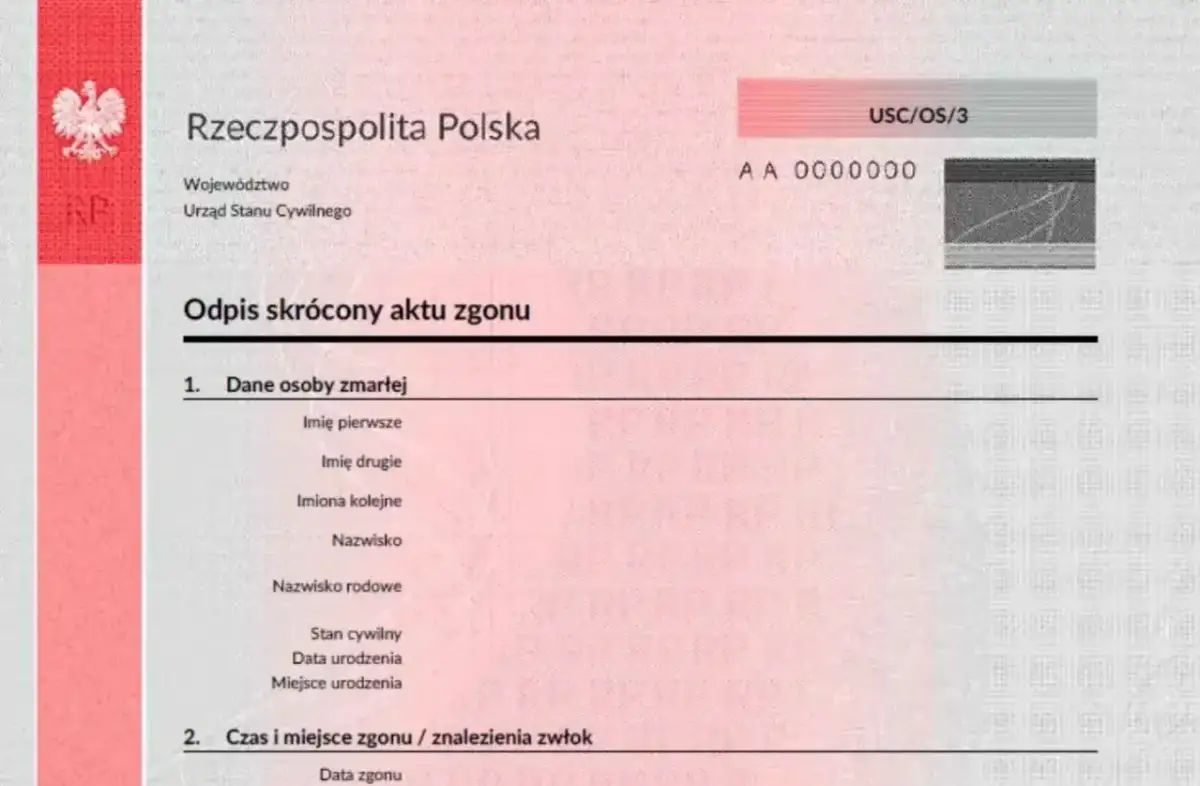 Fragment oficjalnego dokumentu, skrócony akt zgonu, zawiera dane zmarłej osoby i czas zgonu.