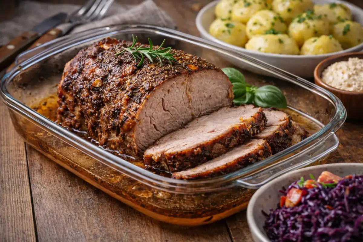 Soczysta karkówka pieczona w temperaturze 180°C, podana z ziemniakami i czerwoną kapustą. Idealna na obiad!