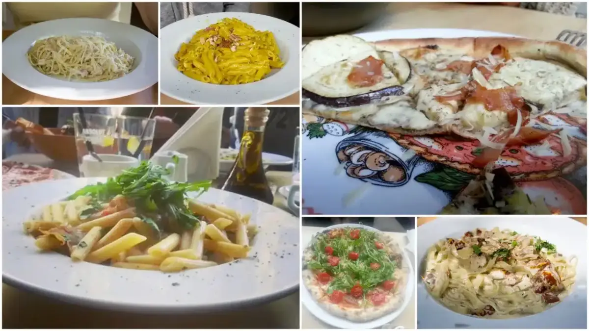 Przegląd dań z trattoria toscana menu: spaghetti, penne w sosie serowym, pizza z bakłażanem, penne z rukolą, pizza z rukolą i pomidorkami, tagliatelle.