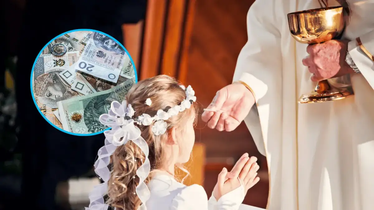 Dziecko przyjmuje komunię, a obok widać stos pieniędzy. Zastanawiasz się, ile daje się na komunię?