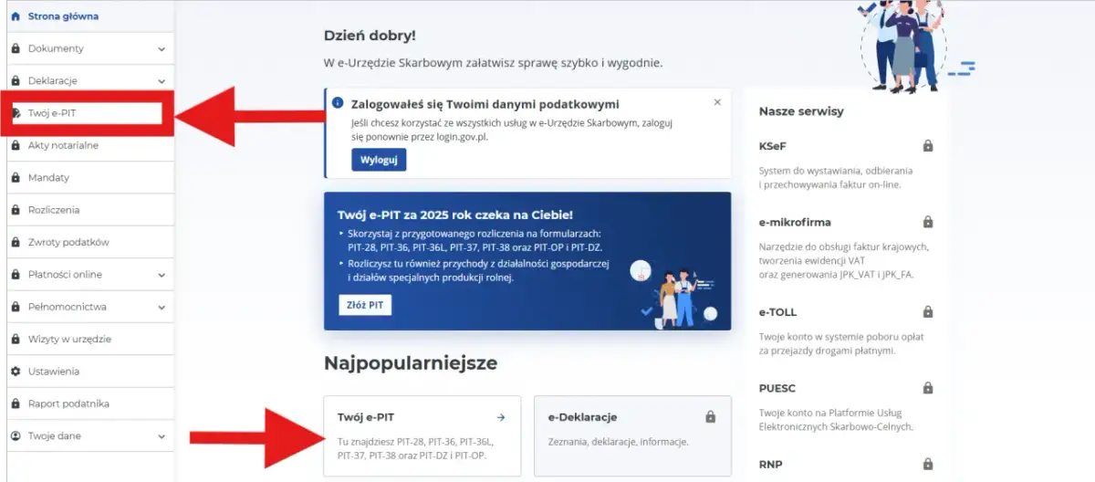 Z menu po lewej wybierz "Twój e-PIT", aby rozliczyć PIT-28, PIT-36, PIT-36L, PIT-37, PIT-38, PIT-OP i PIT-DZ.