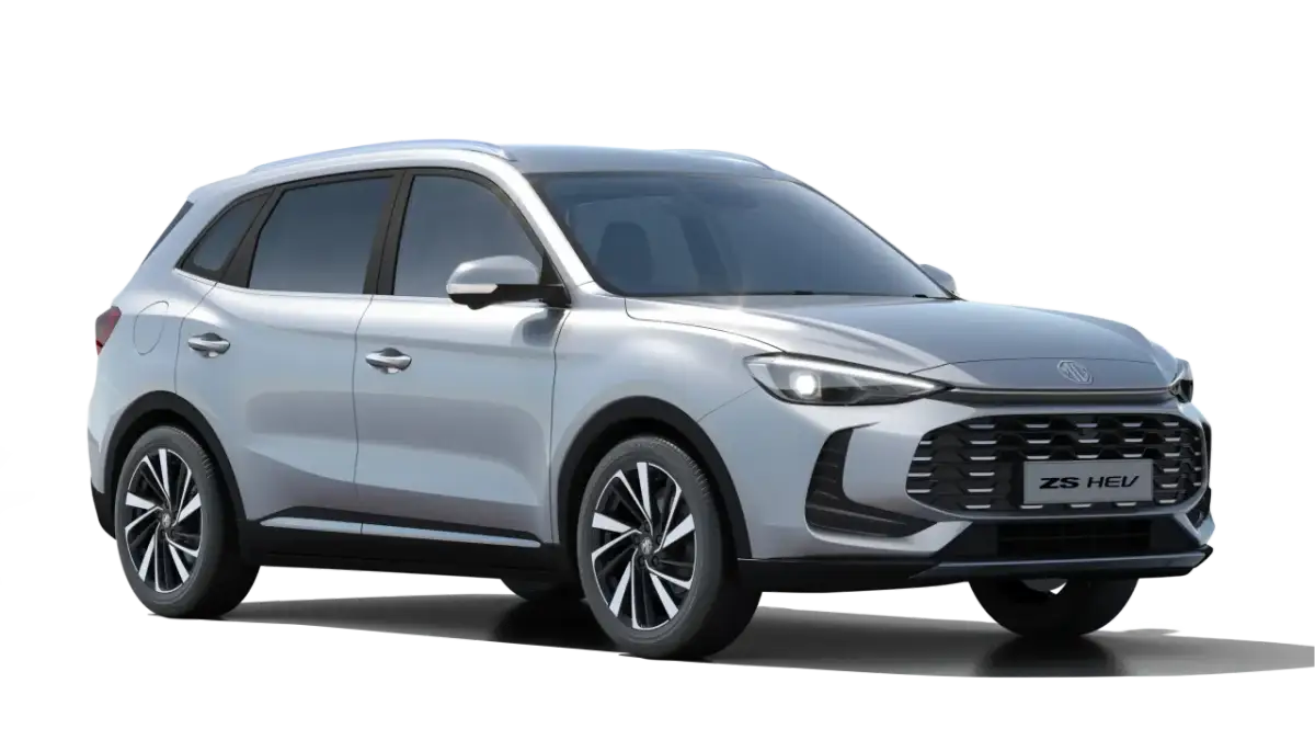 Srebrny MG ZS HEV, idealny do leasingu na ile lat. Nowoczesny design i hybrydowy napęd.