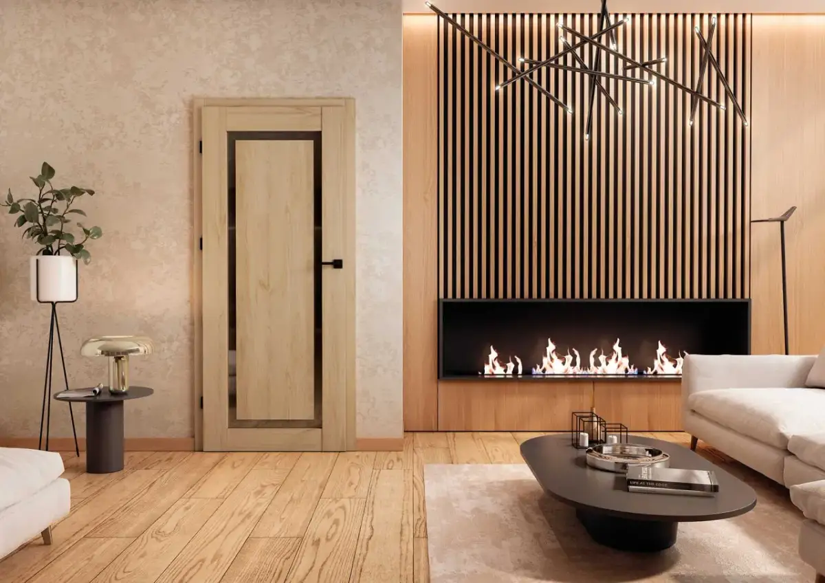 Nowoczesne drzwi wewnętrzne w aranżacji salonu z kominkiem i designerską lampą.
