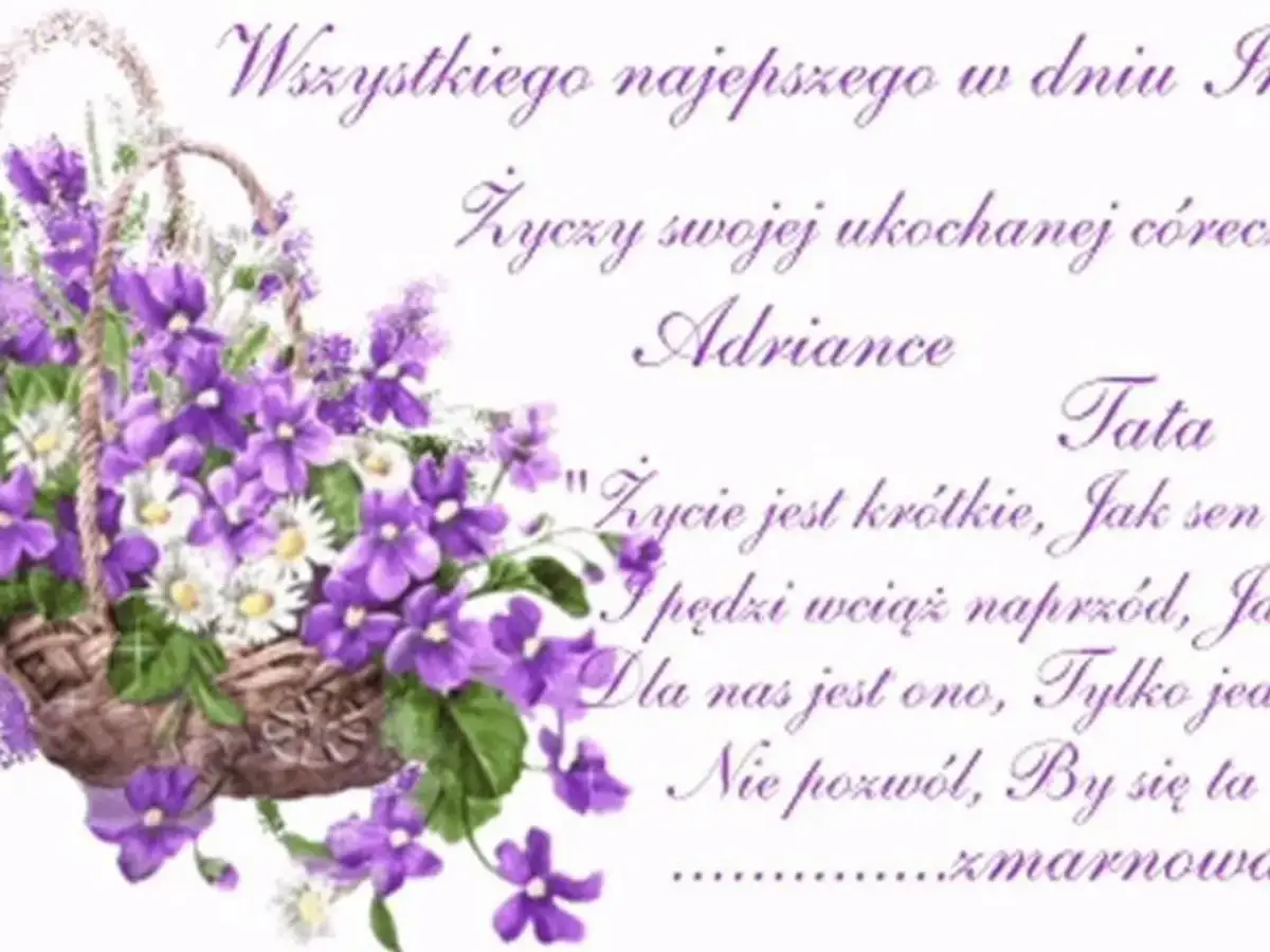 Koszyk z fioletowymi kwiatami i napisami.