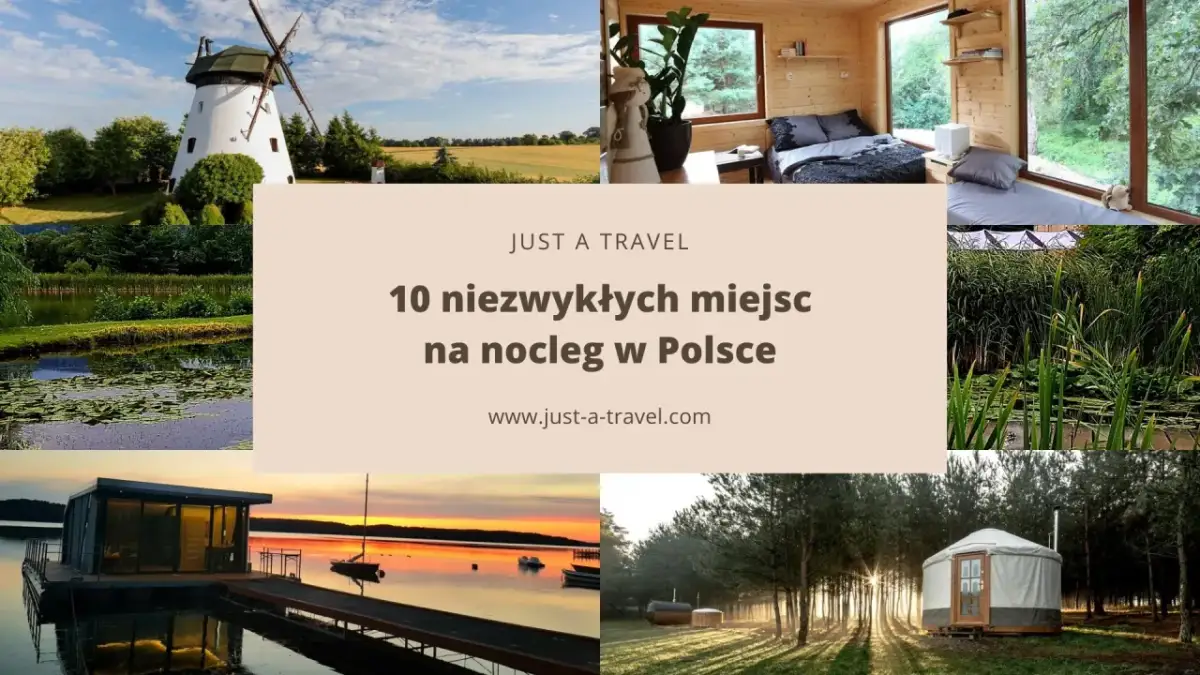 Kolaż zdjęć: wiatrak, domek w lesie, jezioro z domkiem na wodzie, jurtę.