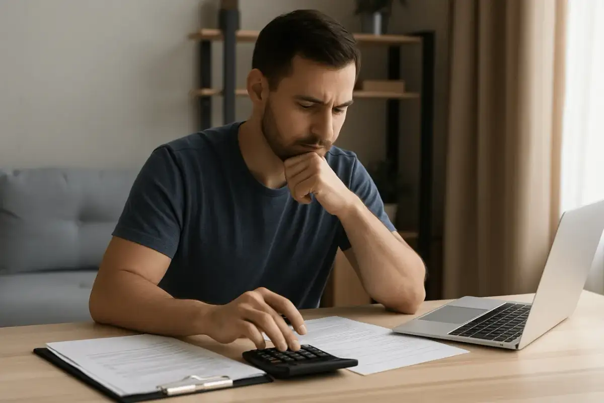 Mężczyzna zamyślony nad dokumentami i kalkulatorem. Zastanawia się, jakie są minusy ogłoszenia upadłości konsumenckiej.