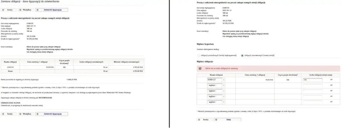 Podsumowanie transakcji zamiany obligacji, gdzie klient ma za mało obligacji do zamiany. Obliczenia uwzględniają podatek od obligacji.