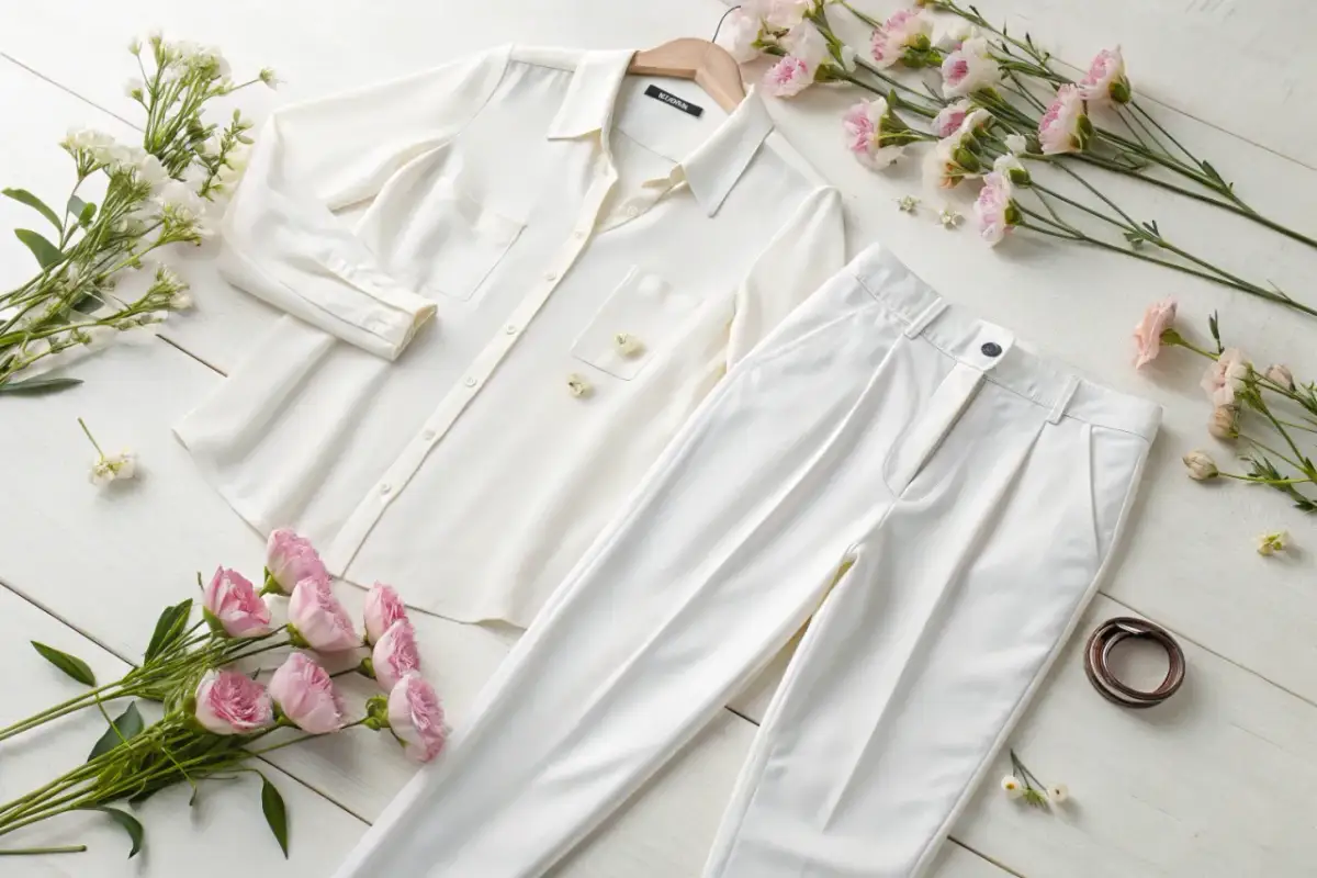 Elegancka, biała bluzka i spodnie tworzą idealny zestaw. Jaka bluzka do białych spodni? Ta prezentowana, z delikatnymi kwiatowymi zdobieniami, jest doskonałym wyborem.