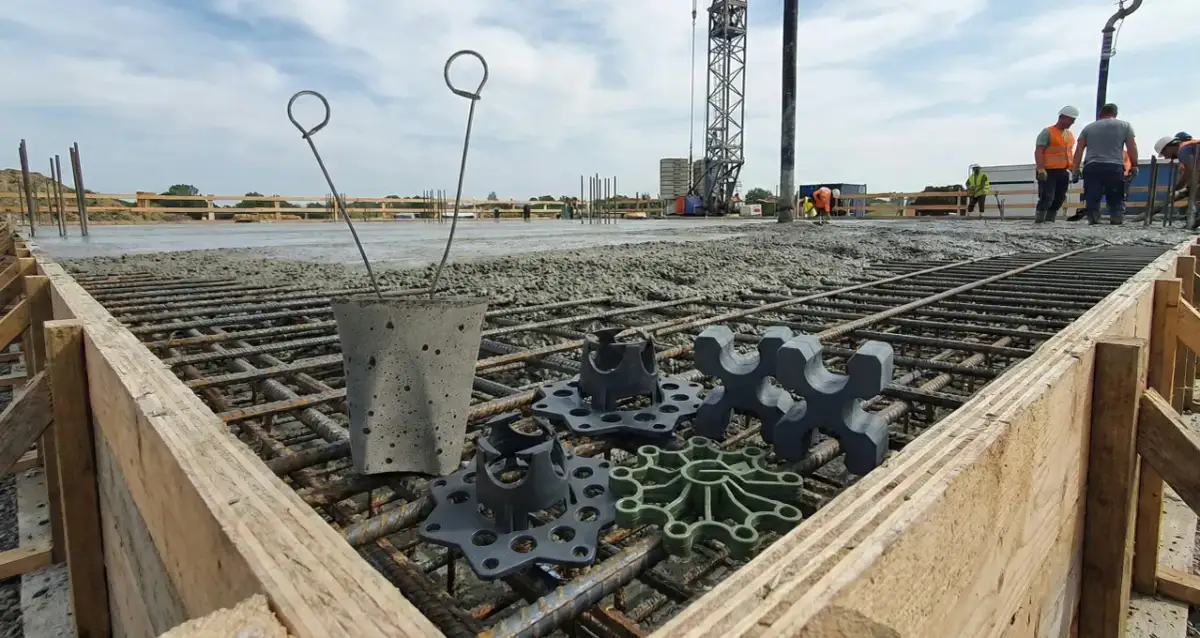 Na budowie widać zbrojenie i świeży beton. Na pierwszym planie leżą podkładki pod zbrojenie, które zapewnią odpowiednią grubość otuliny betonowej.