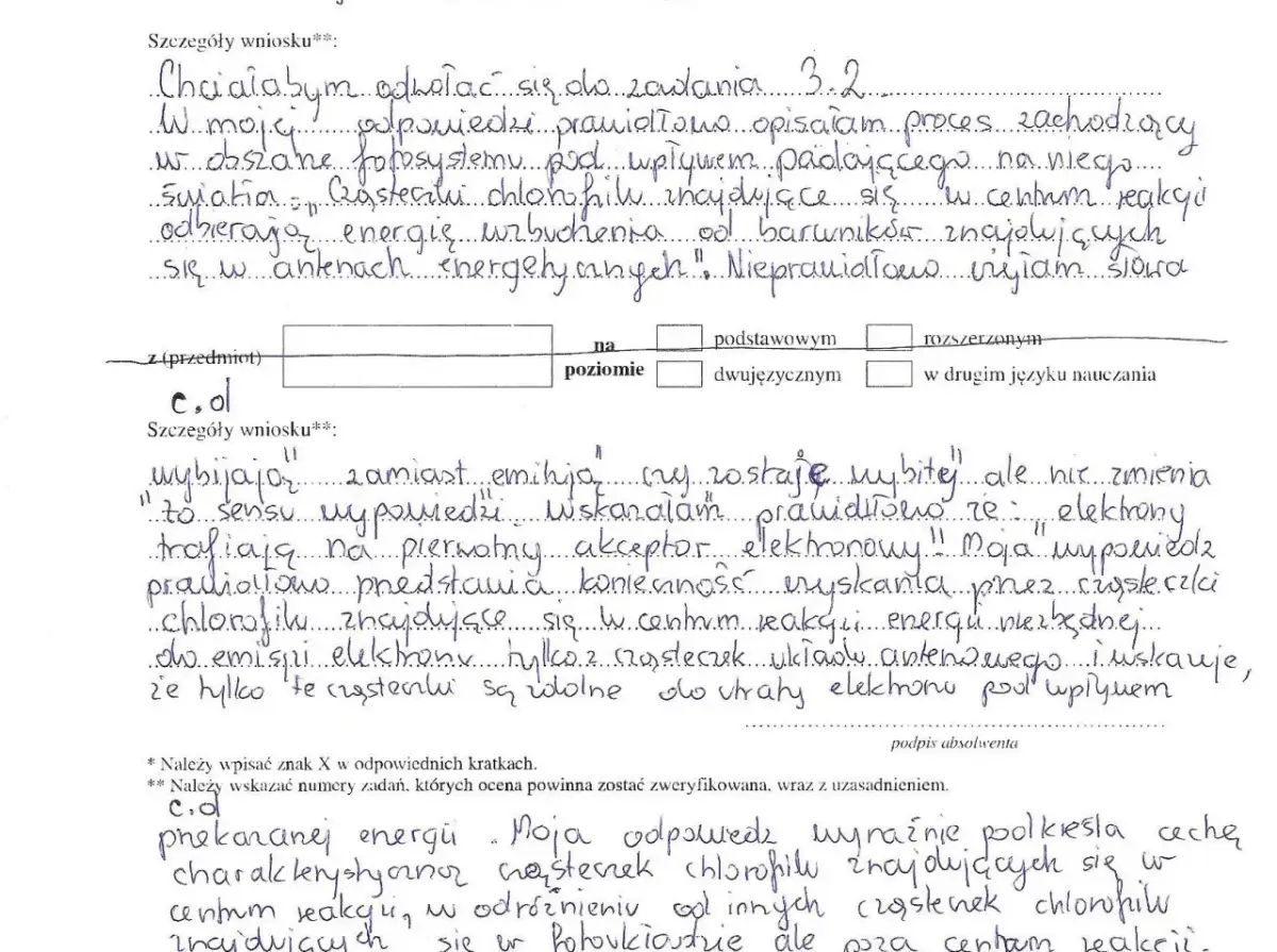 Odwołanie od matury: czy warto? Uczeń opisuje proces fotosyntezy, ale używa nieprecyzyjnych sformułowań.