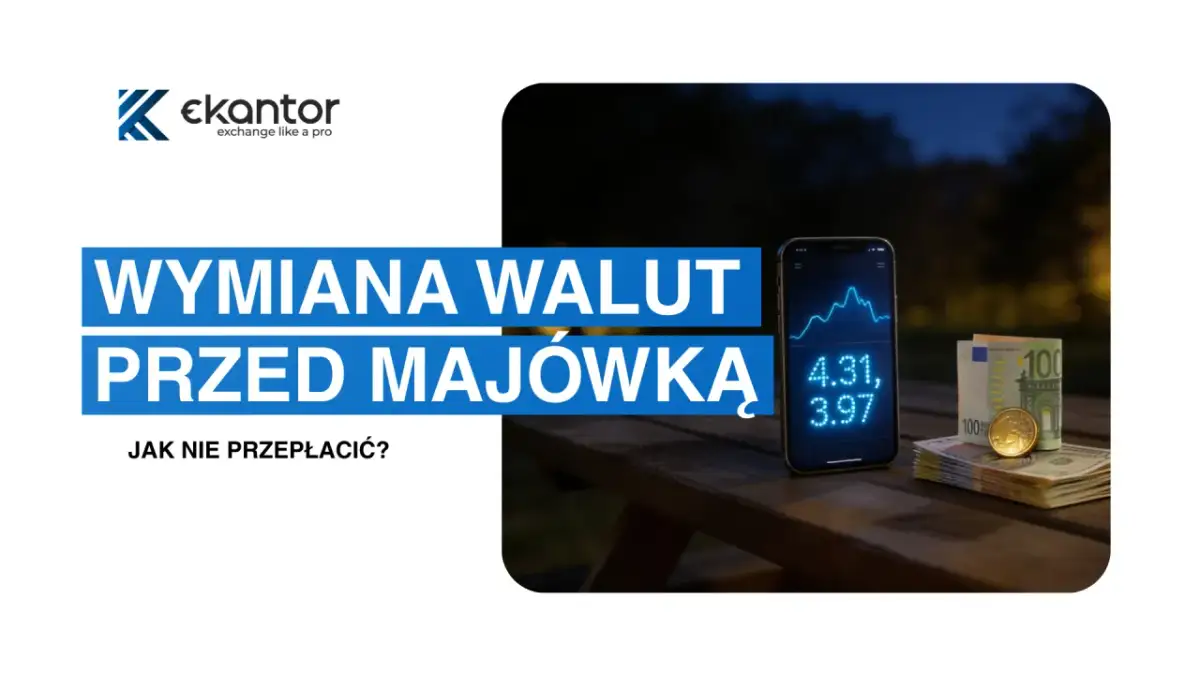 Jak działa kantor internetowy? Na stole leży telefon z wykresem kursów walut, obok stos banknotów i moneta. Wymiana walut przed majówką.