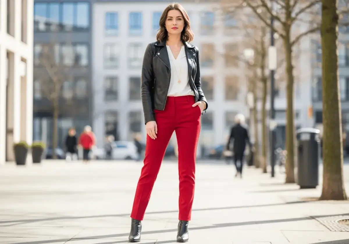 Elegancka kobieta w czarnej ramonesce i białej bluzce do czerwonych spodni. Stylowa stylizacja na miasto.