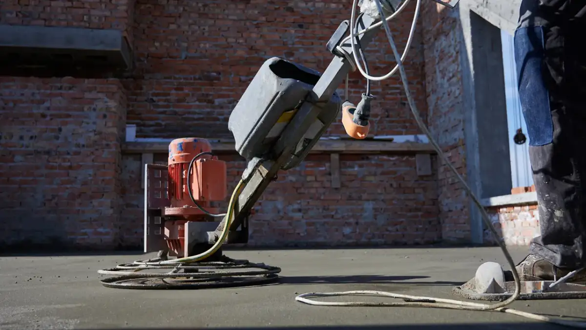 Zacieraczka do posadzek pracuje na budowie, wygładzając świeży beton. Robotnik w niebieskich spodniach nadzoruje pracę maszyny.