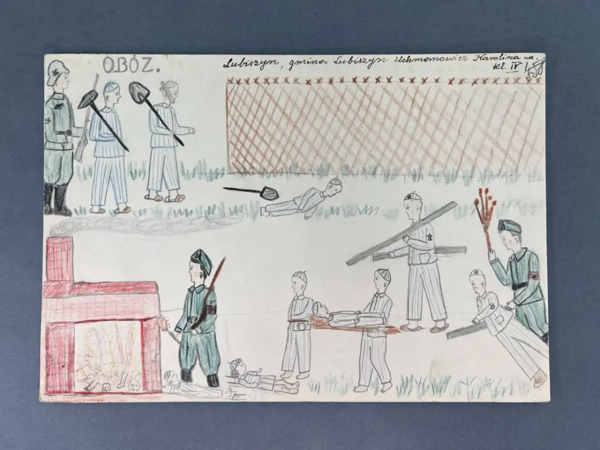 Rysunek obozu koncentracyjnego: strażnicy, więźniowie, piec krematoryjny.